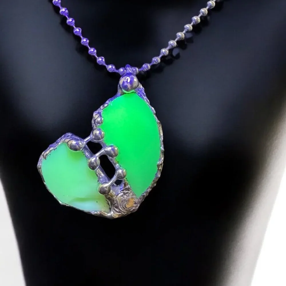 Vaseline Glass “Mended” Heart Pendant Bezel Artisan Crafted Glowing Glass - Picture 1 of 17